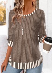 Dark Coffee Striped Fake 2in1 Long Sleeve T Shirt | thumb picture 