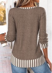 Dark Coffee Striped Fake 2in1 Long Sleeve T Shirt | thumb picture 