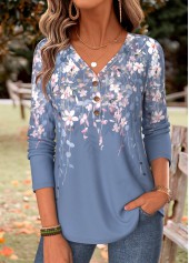 Blue Floral Print Curved Hem Long Sleeve T Shirt
