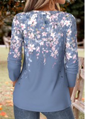 Blue Floral Print Curved Hem Long Sleeve T Shirt | thumb picture 