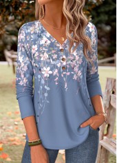 Blue Floral Print Curved Hem Long Sleeve T Shirt | thumb picture 