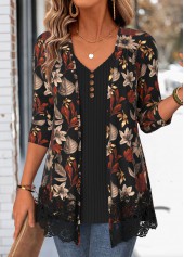 Black Leaf Print Long Sleeve Fake Two Piece Twinset