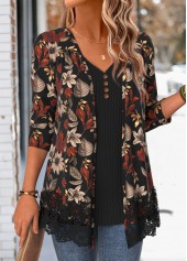 Black Leaf Print Long Sleeve Fake Two Piece Twinset | thumb picture 