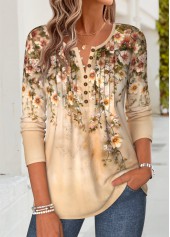 Light Coffee Floral Print Curved Hem T Shirt | thumb picture 