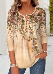 Light Coffee Floral Print Curved Hem T Shirt