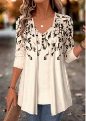 Beige Floral Print Fake Two Piece Twinset
