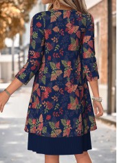 Navy Leaf Print Two-piece Long Sleeve Dress and Cardigan | thumb picture 