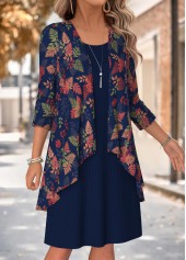 Navy Leaf Print Two-piece Long Sleeve Dress and Cardigan | thumb picture 