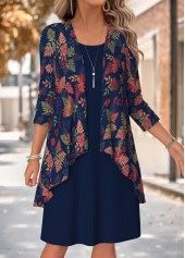 Navy Leaf Print Two-piece Long Sleeve Dress and Cardigan