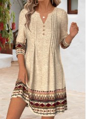Light Camel Tribal Print Short Tuck Stitch Dress
