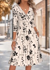 Beige Leaf Print Shirred Long Sleeve V Neck Dress | thumb picture 