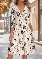 Beige Leaf Print Shirred Long Sleeve V Neck Dress