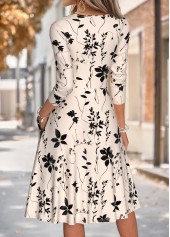 Beige Leaf Print Shirred Long Sleeve V Neck Dress | thumb picture 