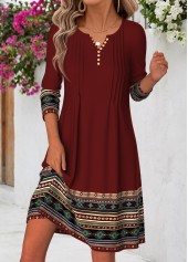 Deep Red Tribal Print Short Tuck Stitch Dress