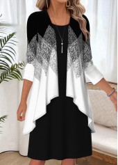 Black Geometric Print Two-piece Long Sleeve Dress and Cardigan