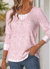 Light Blue Plaid Long Sleeve V Neck T Shirt | thumb picture 