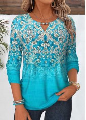 Cyan Tribal Print Shirred 3/4 Sleeve Blouse
