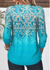 Cyan Tribal Print Shirred 3/4 Sleeve Blouse | thumb picture 