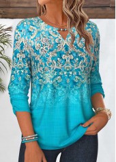 Cyan Tribal Print Shirred 3/4 Sleeve Blouse | thumb picture 