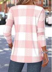 Light Pink Plaid Curved Hem Long Sleeve T Shirt | thumb picture 