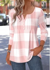 Light Pink Plaid Curved Hem Long Sleeve T Shirt | thumb picture 