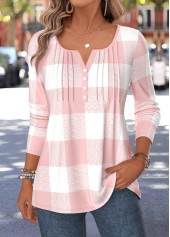 Light Pink Plaid Curved Hem Long Sleeve T Shirt