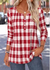 Red Plaid Curved Hem Long Sleeve T Shirt