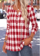 Red Plaid Curved Hem Long Sleeve T Shirt | thumb picture 