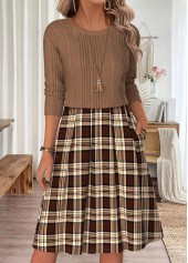 Light Coffee Plaid Patchwork Long Sleeve Round Neck Dress
