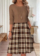 Light Coffee Plaid Patchwork Long Sleeve Round Neck Dress | thumb picture 