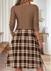Light Coffee Plaid Patchwork Long Sleeve Round Neck Dress | thumb picture 