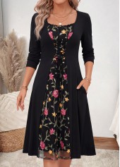 Black Floral Print Fake 2in1 Long Sleeve Dress