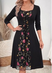Black Floral Print Fake 2in1 Long Sleeve Dress | thumb picture 