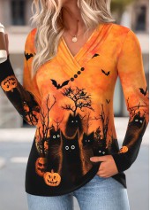 Halloween Orange Shirred Long Sleeve V Neck T Shirt | thumb picture 