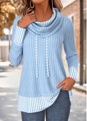 Light Blue Striped Fake 2in1 Long Sleeve Sweatshirt
