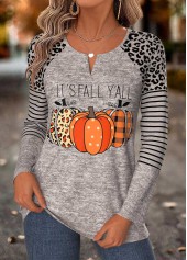 Halloween Gray Brown Curved Hem Long Sleeve T Shirt
