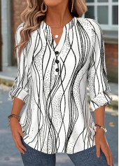White Striped Curved Hem Long Sleeve Split Neck Shirt