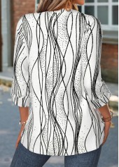 White Striped Curved Hem Long Sleeve Split Neck Shirt | thumb picture 
