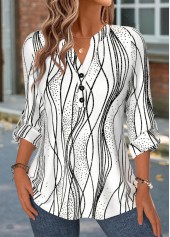 White Striped Curved Hem Long Sleeve Split Neck Shirt | thumb picture 
