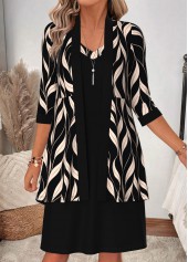 Black Leaf Print Two-piece 3/4 Sleeve Dress and Cardigan