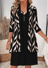 Black Leaf Print Two-piece 3/4 Sleeve Dress and Cardigan | thumb picture 