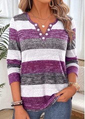 Purple Striped Shirred Long Sleeve Split Neck T Shirt