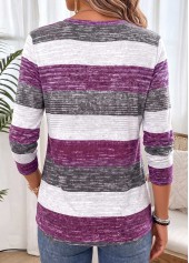 Purple Striped Shirred Long Sleeve Split Neck T Shirt | thumb picture 