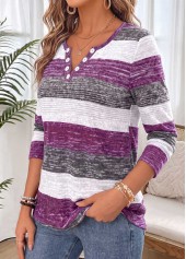 Purple Striped Shirred Long Sleeve Split Neck T Shirt | thumb picture 