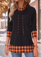 Black Tummy Coverage Plaid Long Sleeve Cowl Neck Sweatshirt