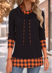 Black Tummy Coverage Plaid Long Sleeve Cowl Neck Sweatshirt | thumb picture 