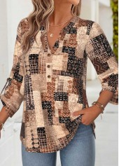 Dark Coffee Geometric Print Tummy Coverage Bracelet Sleeve Blouse | thumb picture 