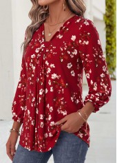 Wine Red Floral Print Patchwork Bracelet Sleeve Blouse | thumb picture 