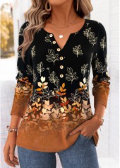 Dark Camel Leaf Print Curved Hem T Shirt