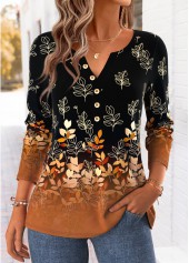 Dark Camel Leaf Print Curved Hem T Shirt | thumb picture 